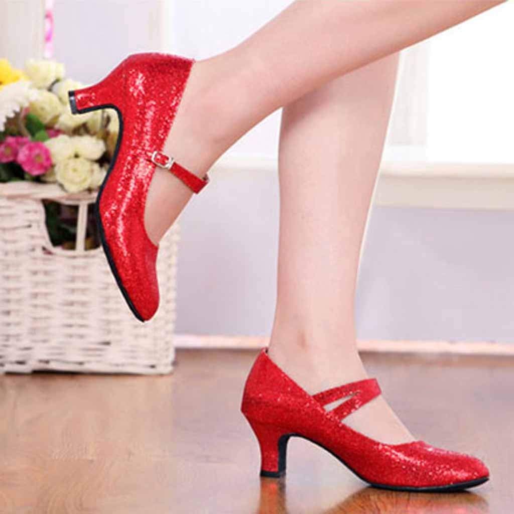 Mid-High Heels Glitter Dance Shoes Women Ballroom Latin Tango Dance Shoes Dance Heel (Red, 6)