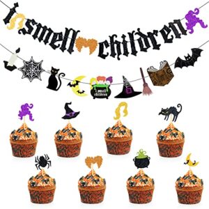 hautoco i smell children banner glitter hocus pocus banner halloween banner party decorations, halloween witch party supplies, halloween bat spider web cupcake toppers for home fireplace mantel decor