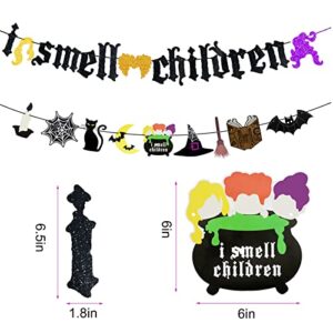 HAUTOCO I Smell Children Banner Glitter Hocus Pocus Banner Halloween Banner Party Decorations, Halloween Witch Party Supplies, Halloween Bat Spider Web Cupcake Toppers for Home Fireplace Mantel Decor