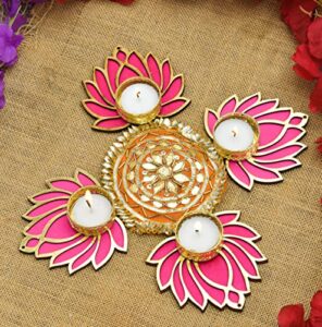 benavji wooden lotus cutout rangoli with candle decorative mat handmade for festivel decorations floor decoration reusable rangoli for puja function (pink orange)