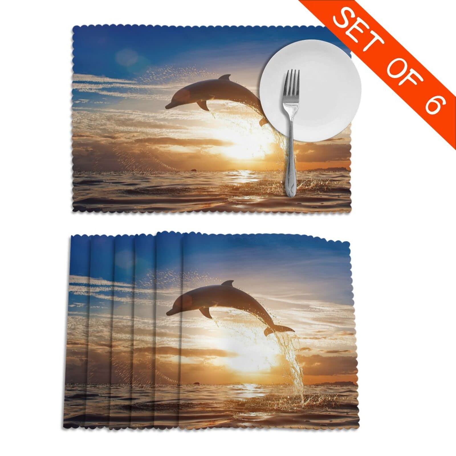 Sunset Dolphin Jumping Over The Water Placemats Set of 6,Table Mats Heat-Resistant Washable Non-Slip Place Mats for Party Family Dining Kitchen Home Wedding Holiday Party Decorations 12 X 18 Inch