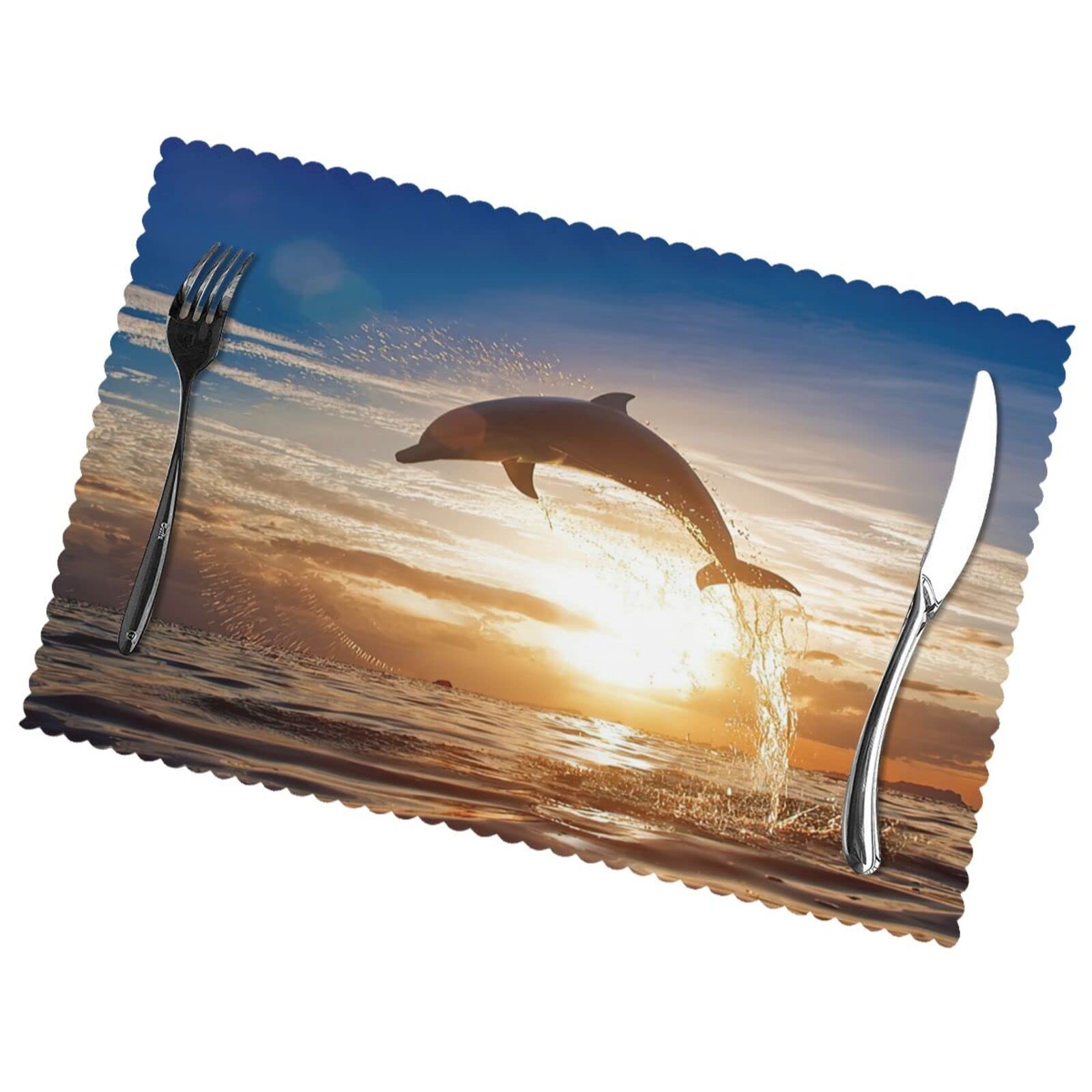 Sunset Dolphin Jumping Over The Water Placemats Set of 6,Table Mats Heat-Resistant Washable Non-Slip Place Mats for Party Family Dining Kitchen Home Wedding Holiday Party Decorations 12 X 18 Inch