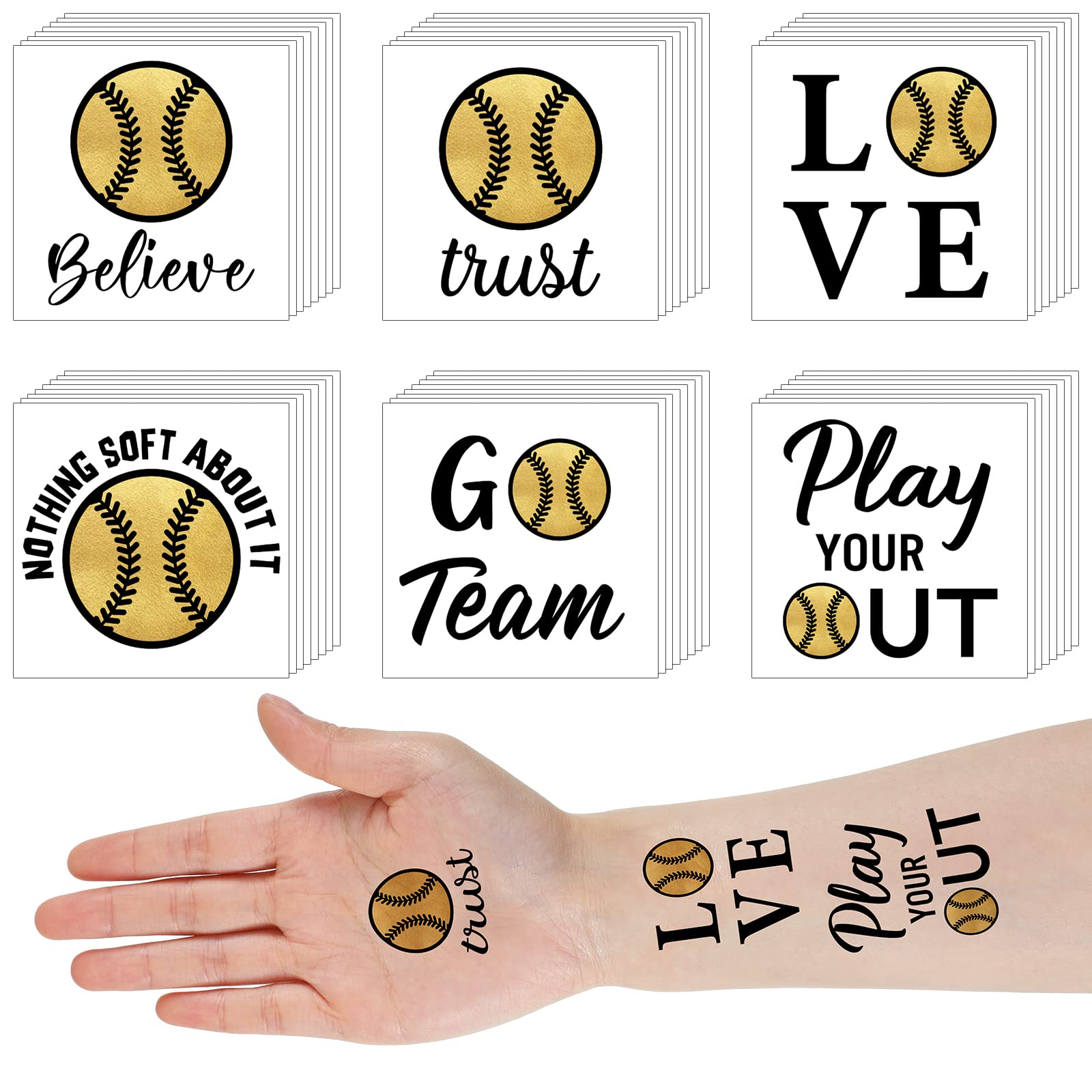 120 Pcs Softball Temporary Tattoos for Team Softball Team Gift Sports Waterproof Body Temporary Stickers Gold Softball Tattoo for Softball Team Boys Girls Fans Party Supplies, 6 Styles