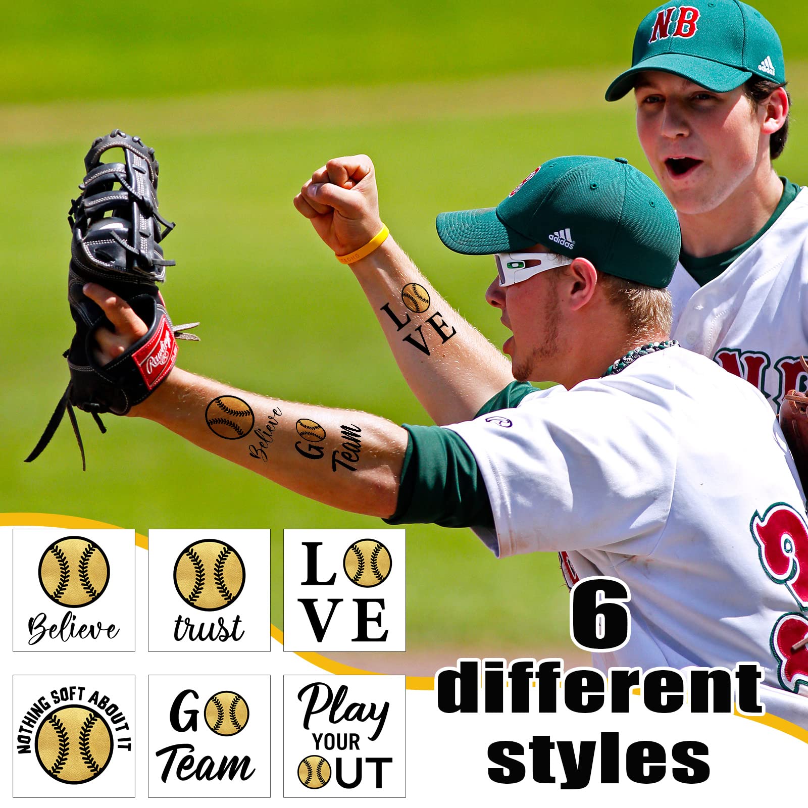 120 Pcs Softball Temporary Tattoos for Team Softball Team Gift Sports Waterproof Body Temporary Stickers Gold Softball Tattoo for Softball Team Boys Girls Fans Party Supplies, 6 Styles