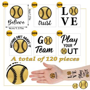 120 Pcs Softball Temporary Tattoos for Team Softball Team Gift Sports Waterproof Body Temporary Stickers Gold Softball Tattoo for Softball Team Boys Girls Fans Party Supplies, 6 Styles