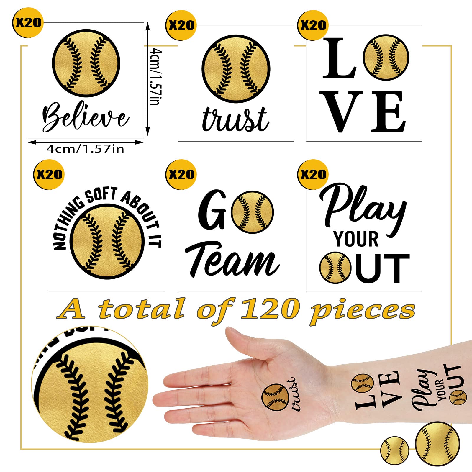 120 Pcs Softball Temporary Tattoos for Team Softball Team Gift Sports Waterproof Body Temporary Stickers Gold Softball Tattoo for Softball Team Boys Girls Fans Party Supplies, 6 Styles