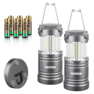 gemek 2 pack led lantern, collapsible emergency battery powered lights with magnetic base for home power outages, roadside car repair, fishing, camping gear accessories essentials (gray)