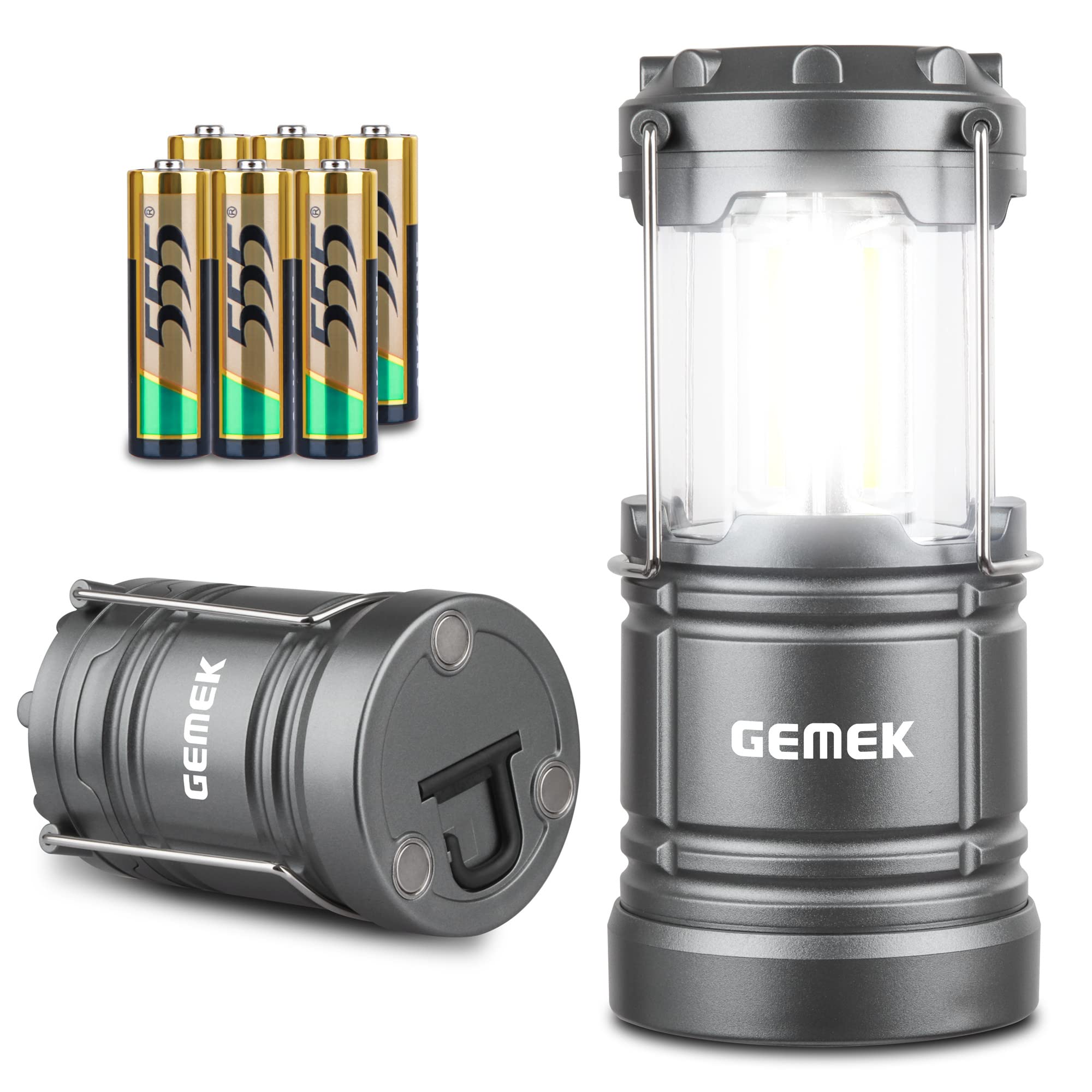 GEMEK 2 Pack LED Lantern, Collapsible Emergency Battery Powered Lights with Magnetic Base for Home Power Outages, Roadside Car Repair, Fishing, Camping Gear Accessories Essentials (Gray)