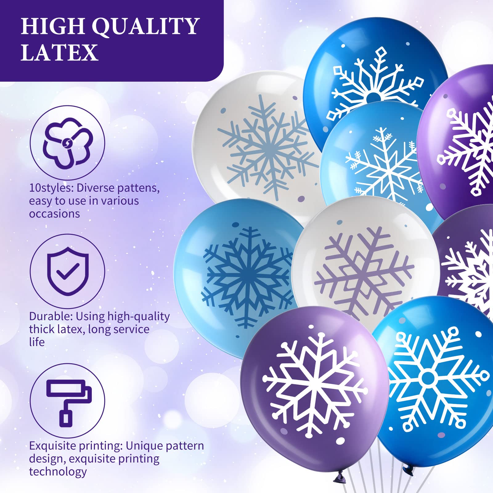 50 Counts Winter Snowflake Balloons 12 Inch Frozen Snowflake Balloons Wonderland Latex White Blue Purple Balloons for Christmas Holiday Wedding Baby Shower Party Decoration Home Supplies
