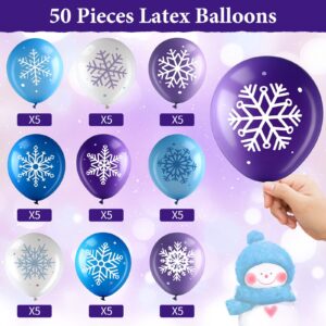 50 Counts Winter Snowflake Balloons 12 Inch Frozen Snowflake Balloons Wonderland Latex White Blue Purple Balloons for Christmas Holiday Wedding Baby Shower Party Decoration Home Supplies