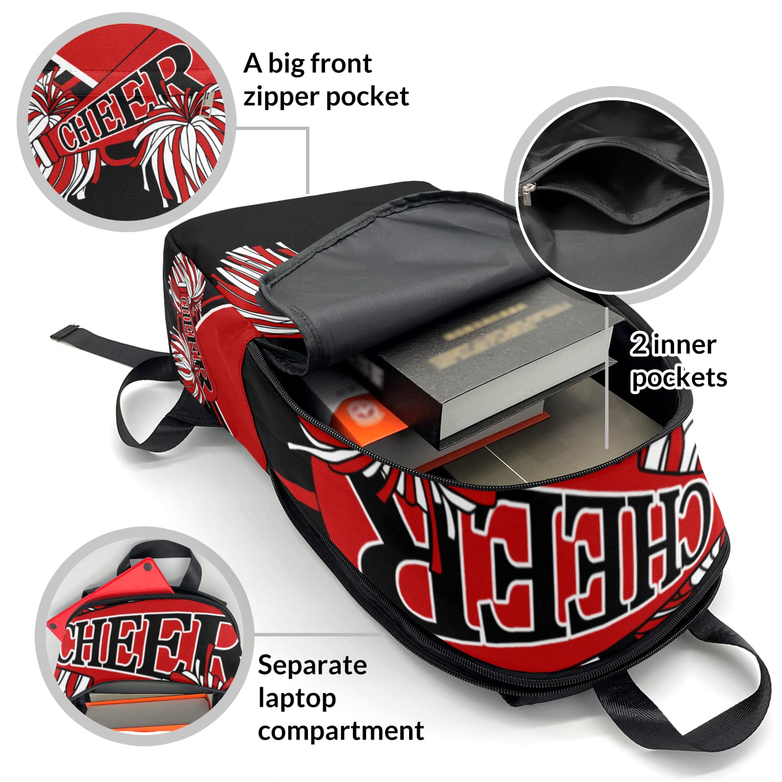 Cheer Red Black Cheerleader Backpack Laptop Bag Shoulder for Hiking Adult Birthday Holiday Gift, 11.8''(L) x 5.51''(W) x 17.72''(H)