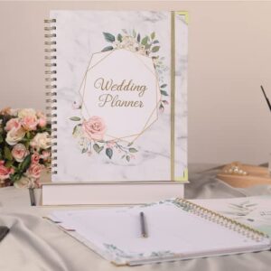 Wedding Planner - Wedding Planner Book and Organizer for the Bride with 5 Tabbed Sections, 9" x 11.9", Hardcover with Metal Corner + 5 Inner Pockets + Sticker + Elastic Closure Band - Wedding Marble