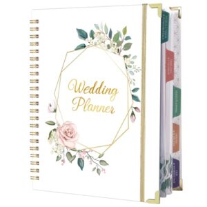 wedding planner - wedding planner book and organizer for the bride with 5 tabbed sections, 9" x 11.9", hardcover with metal corner + 5 inner pockets + sticker + elastic closure band - wedding marble