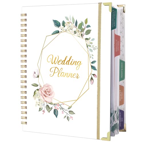 Wedding Planner - Wedding Planner Book and Organizer for the Bride with 5 Tabbed Sections, 9" x 11.9", Hardcover with Metal Corner + 5 Inner Pockets + Sticker + Elastic Closure Band - Wedding Marble