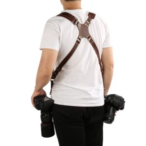 double camera strap,camera shoulder strap for two cameras,adjustable leather double camera harness brown
