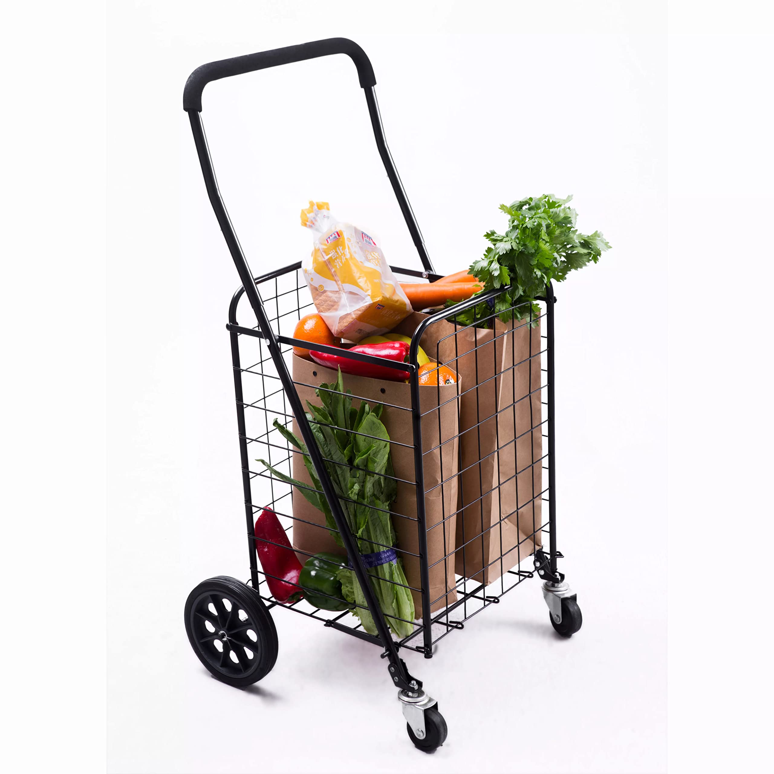 Mount Plus SF-118 Grocery Utility Shopping Cart with Dual Swivel Wheels | Easily Collapsible and Portable to Save Space and Heavy Duty | Rolls Smoothly on Streets, Store, Sidewalks and Indoors