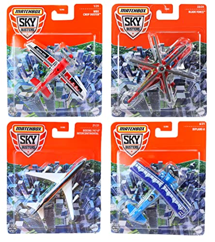 Toptoys2u Bargain Bundles Matchbox Sky Busters Diecast Models 4 Pack Bundle City Skyline Theme - Crop Duster, Blade Force Helicopter, Boeing 747-8 Intercontinental & Biplabe-A