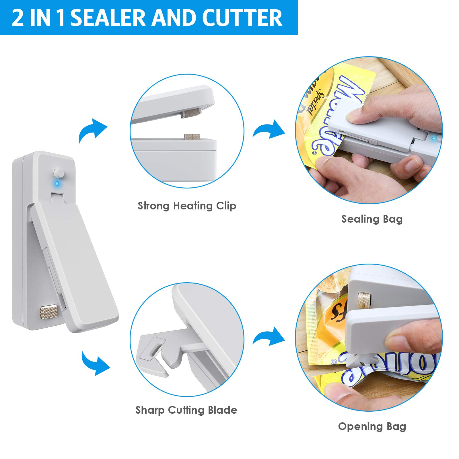 Ankilo Mini Bag Sealer 2 Pack, 2 in 1 Rechargeable Heat Sealer, Portable Bag Sealer and Cutter for Plastic Bags Snacks, Outdoor Picnic Campaign, Food Storage, White