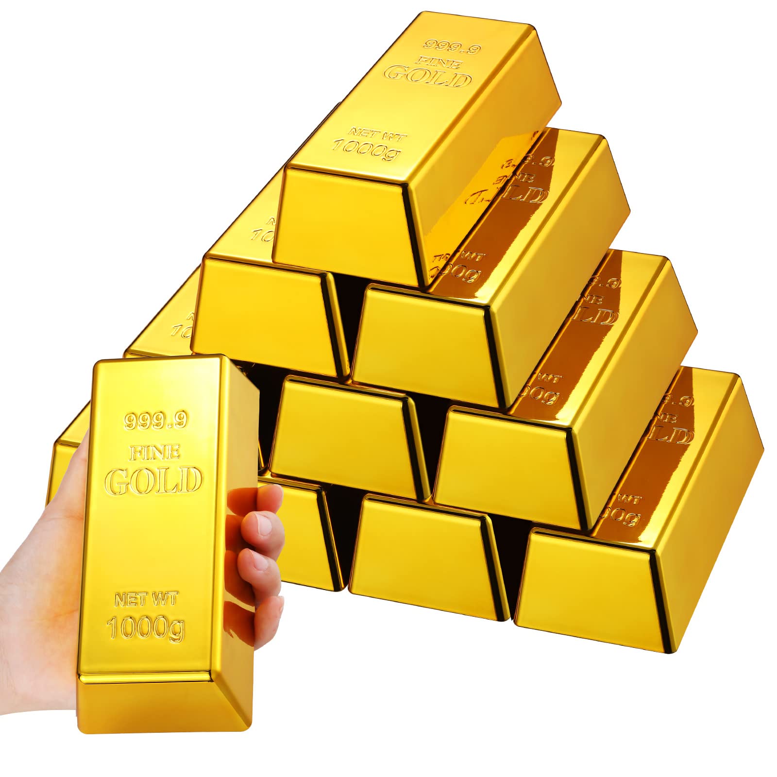 12 Pieces Fake Gold Bar Replica Golden Bullion Glittering Brick Decorative Movie Prop for Stage Decoration Halloween Pirate Party Supplies Funny Gifts (6.5 x 2.9 x 2 Inch)