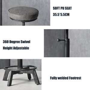 BOKKOLIK Rusitc Swivel PU Seat Bar Stools Industrial 24-28inch Height Adjustable Counter Island Stool Office Guest Chair