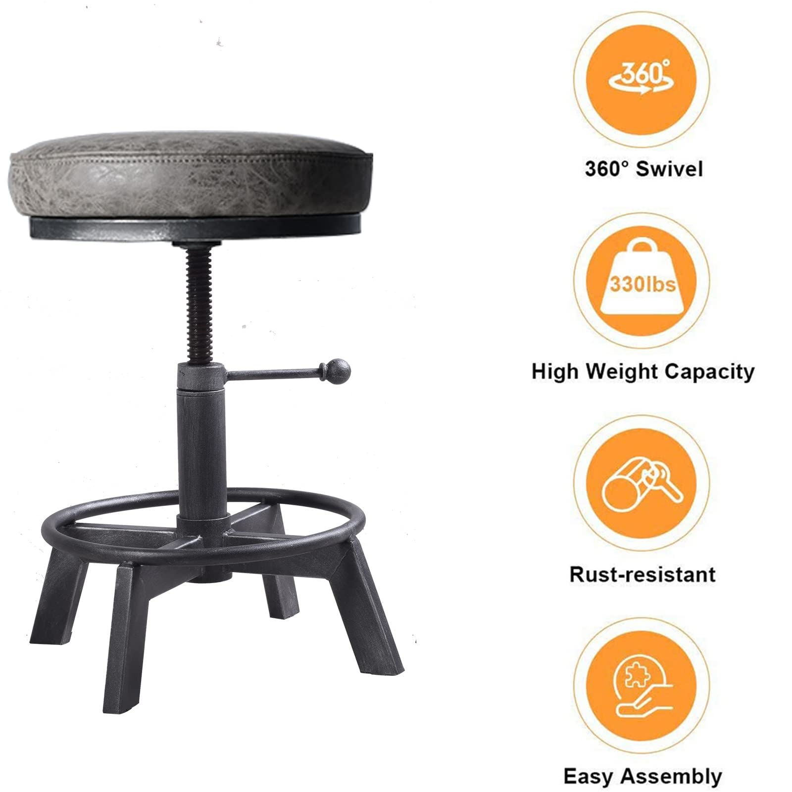 BOKKOLIK Rusitc Swivel PU Seat Bar Stools Industrial 24-28inch Height Adjustable Counter Island Stool Office Guest Chair