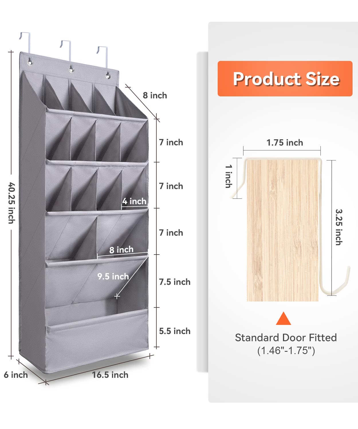 FENTEC 1 Pack Over-the-Door-Shoe-Organizers, Hanging Shoe Organizers with Large Pocket Shoe Holder Hanging Shoe Rack for Closet Shoe Organizer for Wall, Over Door Organizer with 15 Pockets Grey