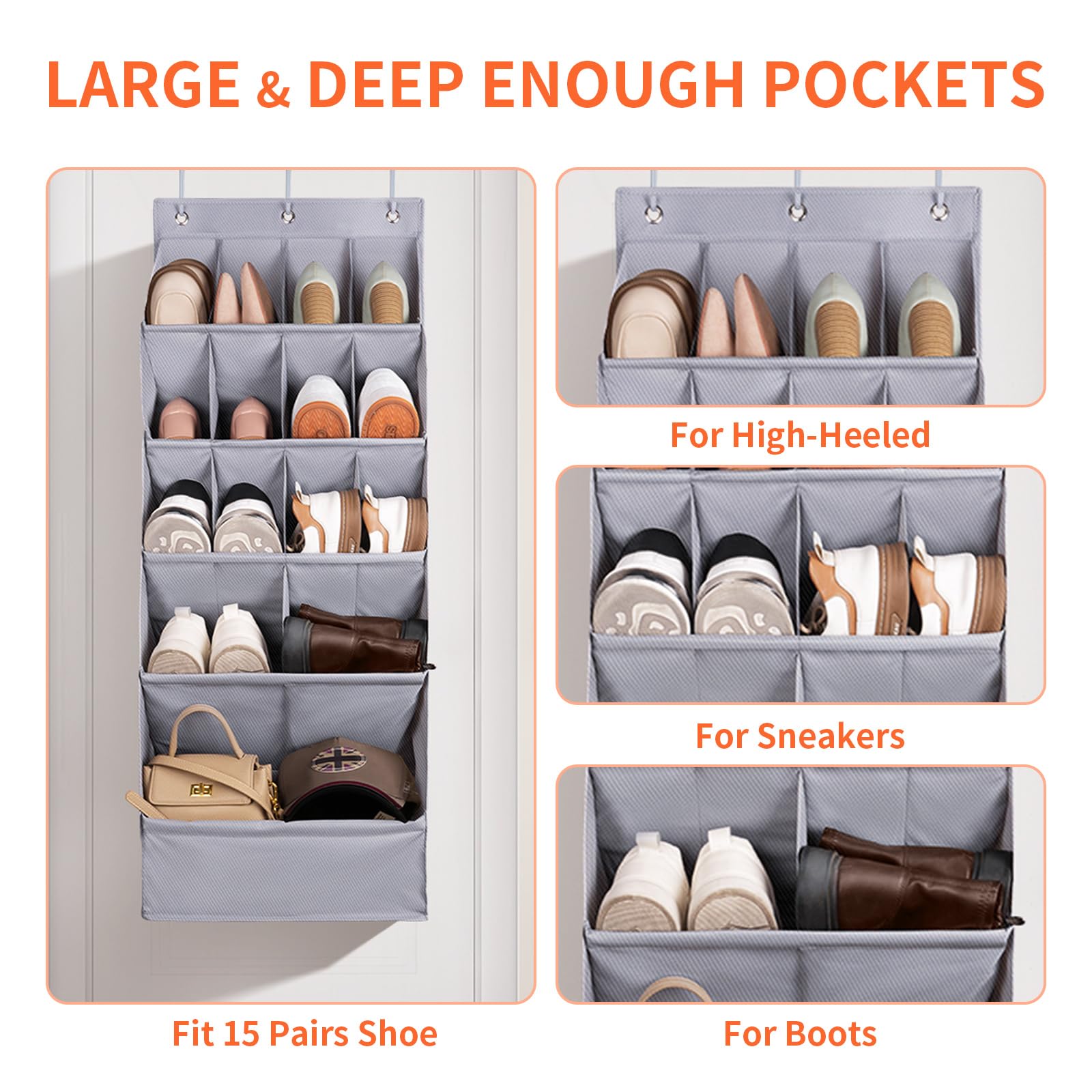 FENTEC 1 Pack Over-the-Door-Shoe-Organizers, Hanging Shoe Organizers with Large Pocket Shoe Holder Hanging Shoe Rack for Closet Shoe Organizer for Wall, Over Door Organizer with 15 Pockets Grey