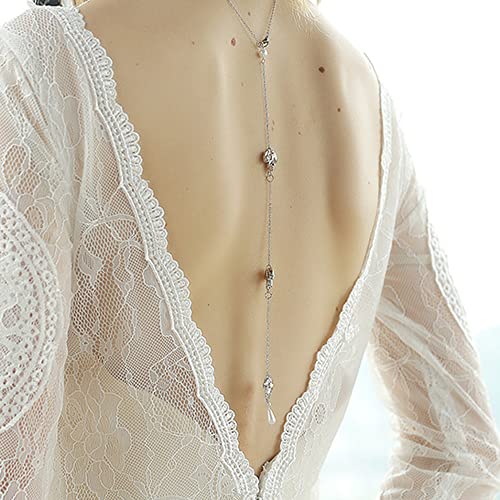 JWICOS Dainty Back Necklace Sexy Crystal Pearl Backdrop Y Necklace Back Necklace Wedding Jewelry for Women and Bride (Silver)