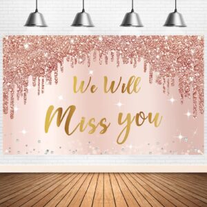 going away party decorations we will miss you banner backdrop for women, rose gold goodbye farewell party sign supplies, pink retirement graduation party poster background photo booth props decor