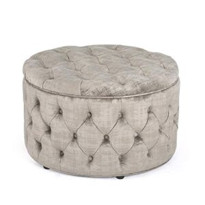 joveco round storage ottoman, button tufted upholstered ottoman with removable top, storage bench coffee table footrest stool for living room bedroom entryway (beige)