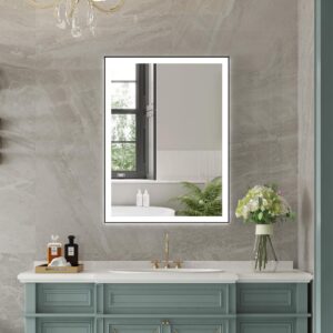 wellfor 24w x 32l wall-mounted framed bathroom vanity mirror, smart mirror w/lights for bathroom hotel, led mirror includes dimmer defogger, vertical/horizontal installation, rectangle, matte black
