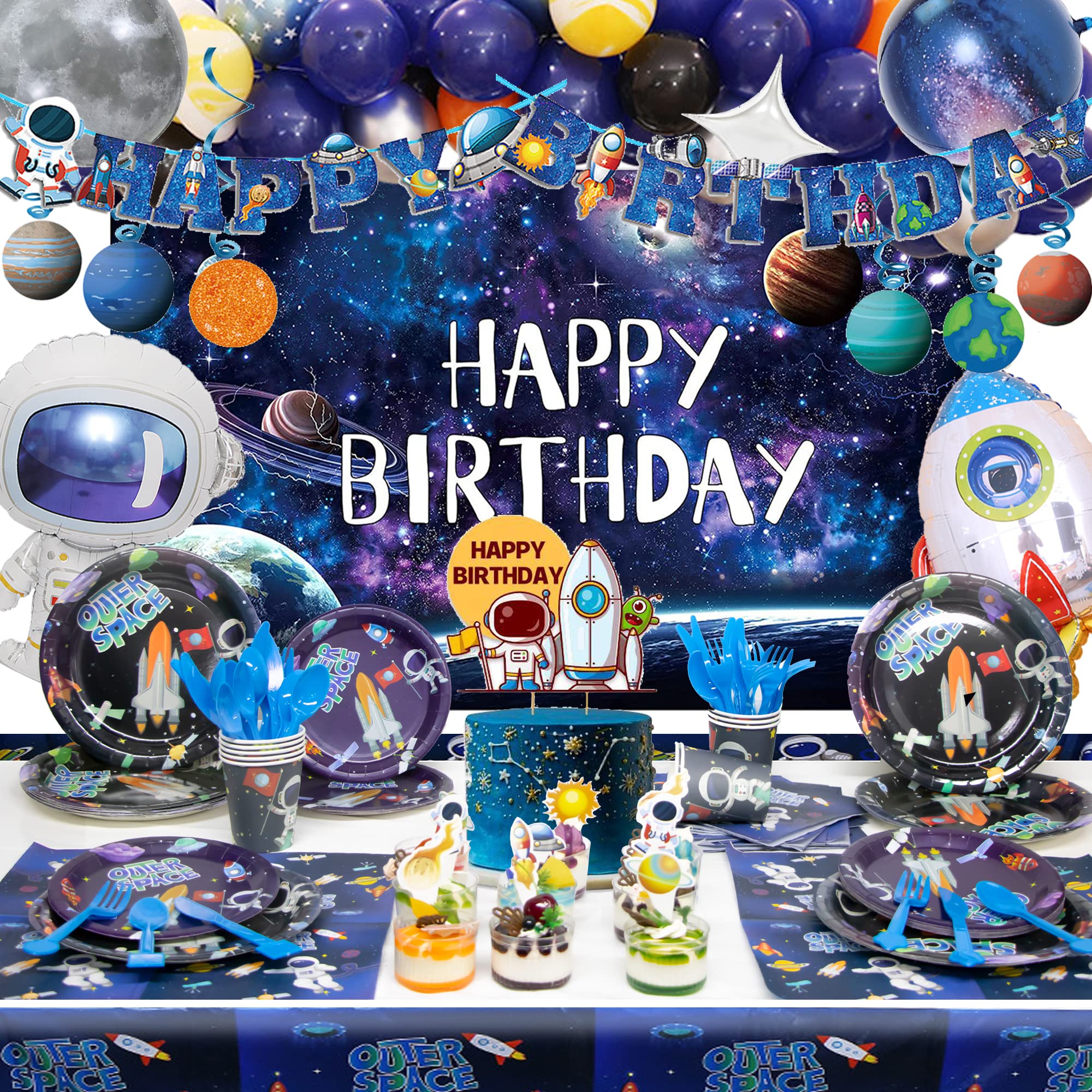 Outer Space Birthday Party Decorations, Outer Space Birthday Party Supplies, Space Themed Decoration Include Space (Foil) Balloon/Happy Birthday Banner/Cake Topper/Plate/Napkin/Cup/Tablecloth/Backdrop