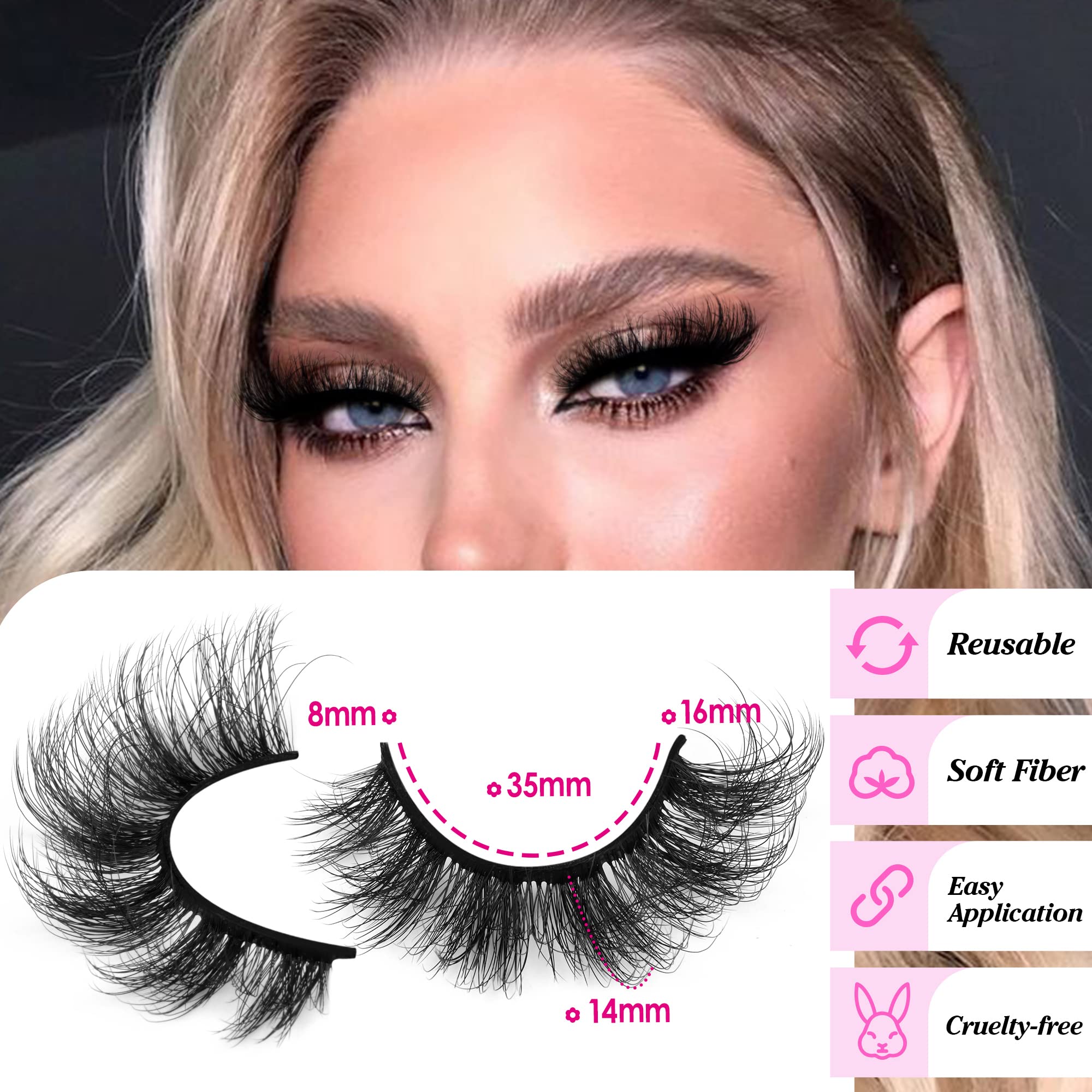 False Eyelashes Fluffy Wispy Mink Lashes 16mm Natural Full Volume Pestañas Cat Eye Lashes 9 Pairs by Yawamica Black