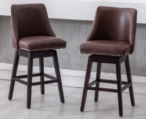 kmax leather counter height bar stools swivel farmhouse bar stools with wood legs nailhead footrest for kitchen island, set of 2- chocolate