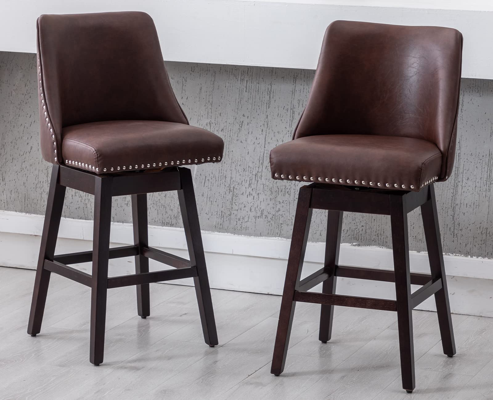 Kmax Leather Counter Height Bar Stools Swivel Farmhouse Bar Stools with Wood Legs Nailhead Footrest for Kitchen Island, Set of 2- Chocolate