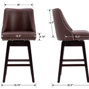 Kmax Leather Counter Height Bar Stools Swivel Farmhouse Bar Stools with Wood Legs Nailhead Footrest for Kitchen Island, Set of 2- Chocolate