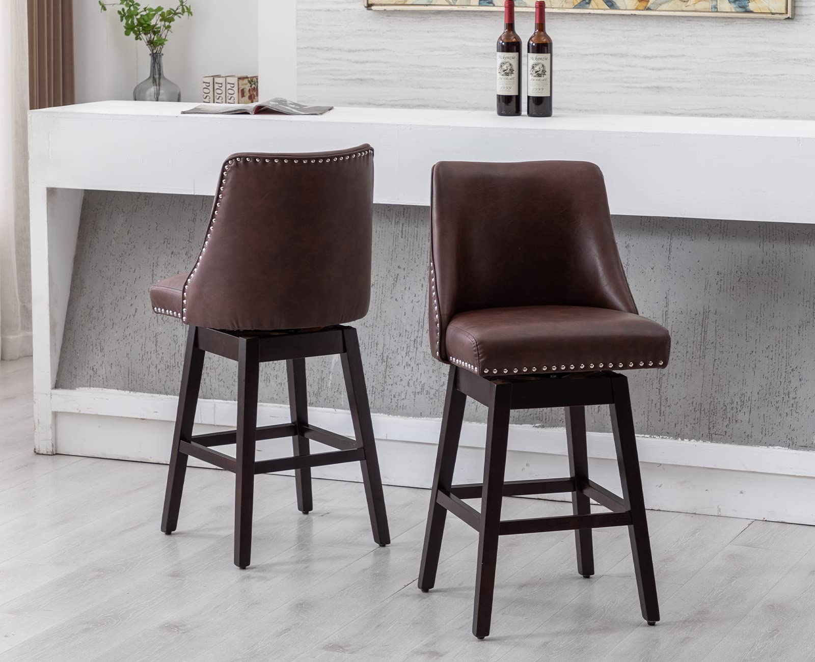 Kmax Leather Counter Height Bar Stools Swivel Farmhouse Bar Stools with Wood Legs Nailhead Footrest for Kitchen Island, Set of 2- Chocolate