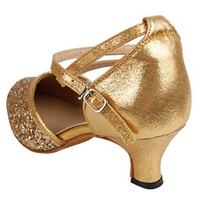 Andux Women's Ballroom Leather Dancing Shoes for Latin Chacha Samba Modern Jazz 3.5cm Heel LDWX-01 (42, Gold)