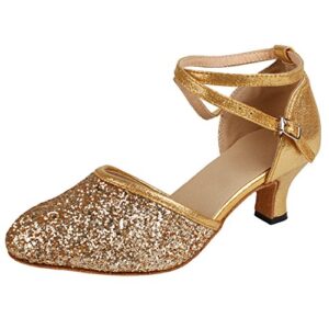 Andux Women's Ballroom Leather Dancing Shoes for Latin Chacha Samba Modern Jazz 3.5cm Heel LDWX-01 (42, Gold)