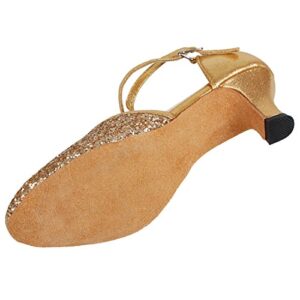 Andux Women's Ballroom Leather Dancing Shoes for Latin Chacha Samba Modern Jazz 3.5cm Heel LDWX-01 (42, Gold)