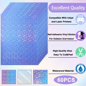 60 Sheets Printable Holographic Laminate Sheets Vinyl Sticker Paper Printable Holographic Sticker Paper for Inkjet/Laser Printer Waterproof Sticker Paper with Gem Rainbow Spot Star Patterns 8.5 x 11"