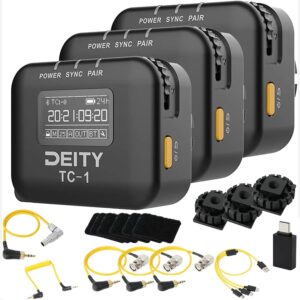 deity tc-1 kit wireless timecode box 3 pcs,2.4g radio,timecode accuracy 0.5ppm,8 channel,bluetooth 5.0,max range 250 ft, support app control with 3 bnc cable wireless timecode generator