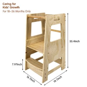 ECOMEX Toddler Standing Tower Kitchen Step Stool for Kid's Adjustable Height Learning Stool, Toddler Kitchen Stool Helper Removable Anti-Drop Safety Rail Stool for Bedroom, Bathroom, Natural