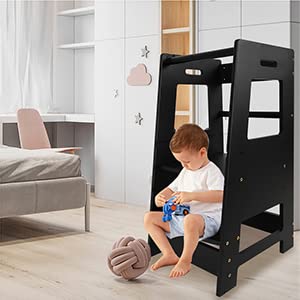 ECOMEX Toddler Standing Tower Kitchen Step Stool for Kid's Adjustable Height Learning Stool Helper Removable Anti-Drop Safety Rail Stool for Bedroom, Bathroom, Black