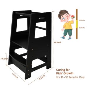 ECOMEX Toddler Standing Tower Kitchen Step Stool for Kid's Adjustable Height Learning Stool Helper Removable Anti-Drop Safety Rail Stool for Bedroom, Bathroom, Black
