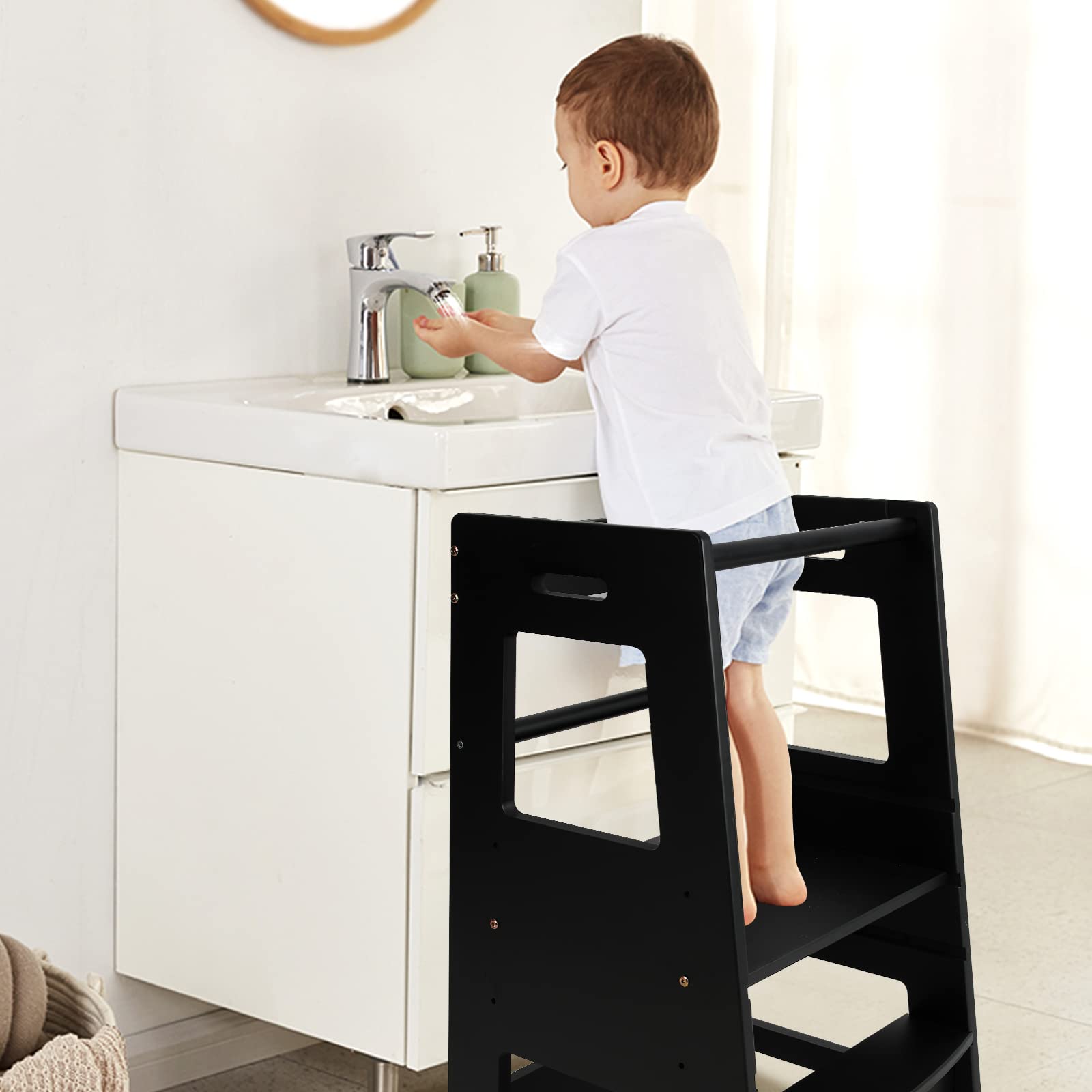 ECOMEX Toddler Standing Tower Kitchen Step Stool for Kid's Adjustable Height Learning Stool Helper Removable Anti-Drop Safety Rail Stool for Bedroom, Bathroom, Black