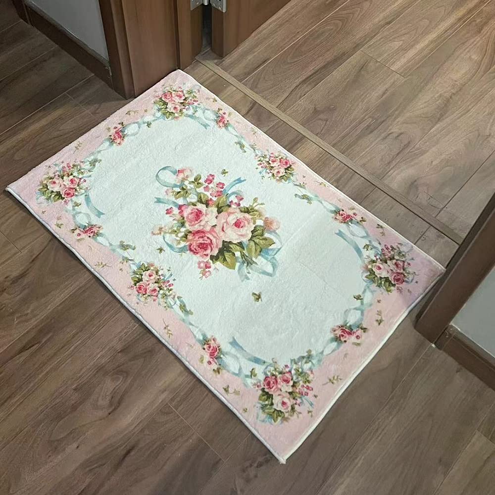 BOOMLATU Roses Flowers and Bow-Knot Door Mats Entrance Front Door Rug,Machine Washable Non Slip Romantic Powder Fluffy Fuzzy Soft Area Rug Kitchen Rug 19.6x31.4in