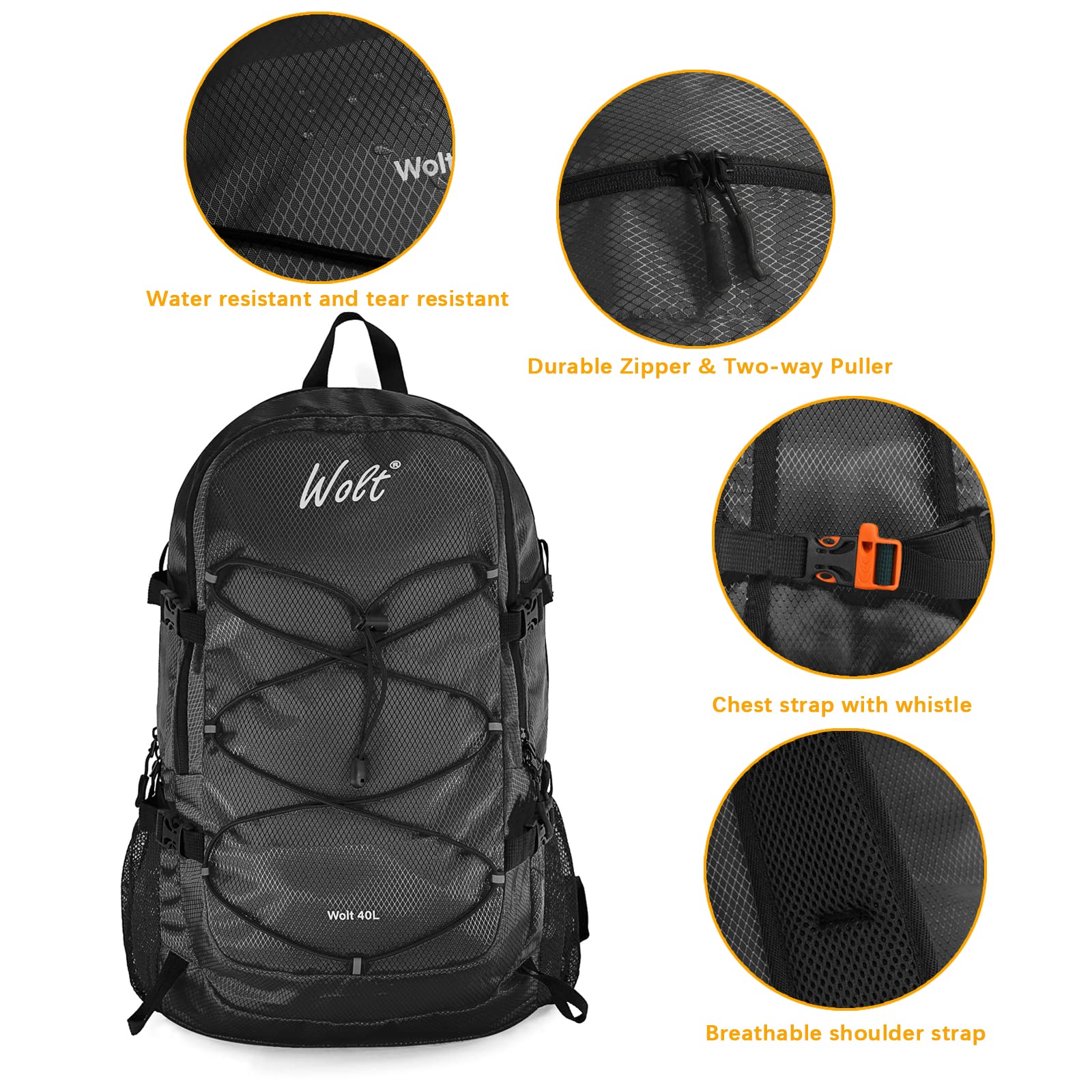 WOLT | Packable Hiking Backpack 40L Waterproof Camping Backpack Men Women Foldable Lightweight Hiking Daypack, Outdoor Travel Daypack (Dark Grey)