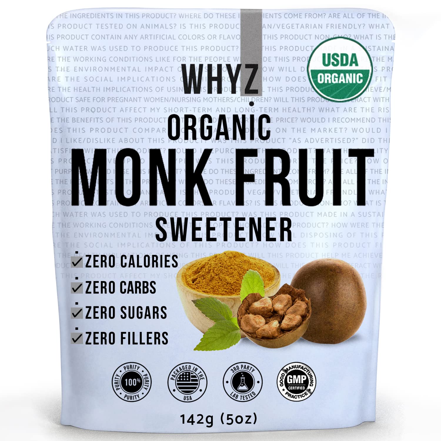 Organic Monk Fruit Extract, 5 oz, Pure Monk Fruit Sweetener Organic No Erythrytol and Zero Calorie, Sugar Substitute, Powdered Monkfruit Sweetener Keto and Paleo Diet Friendly, 454 Servings