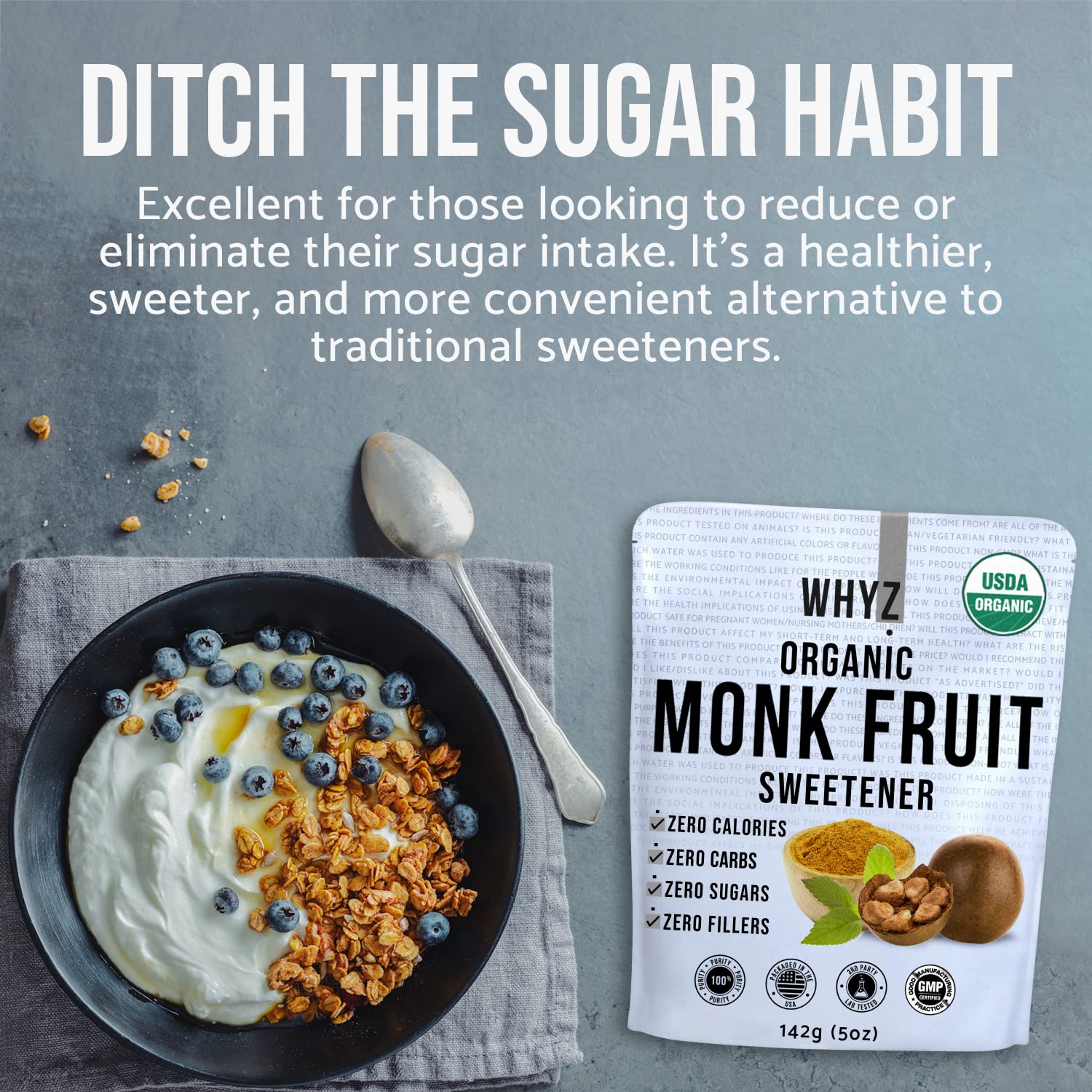 Organic Monk Fruit Extract, 5 oz, Pure Monk Fruit Sweetener Organic No Erythrytol and Zero Calorie, Sugar Substitute, Powdered Monkfruit Sweetener Keto and Paleo Diet Friendly, 454 Servings